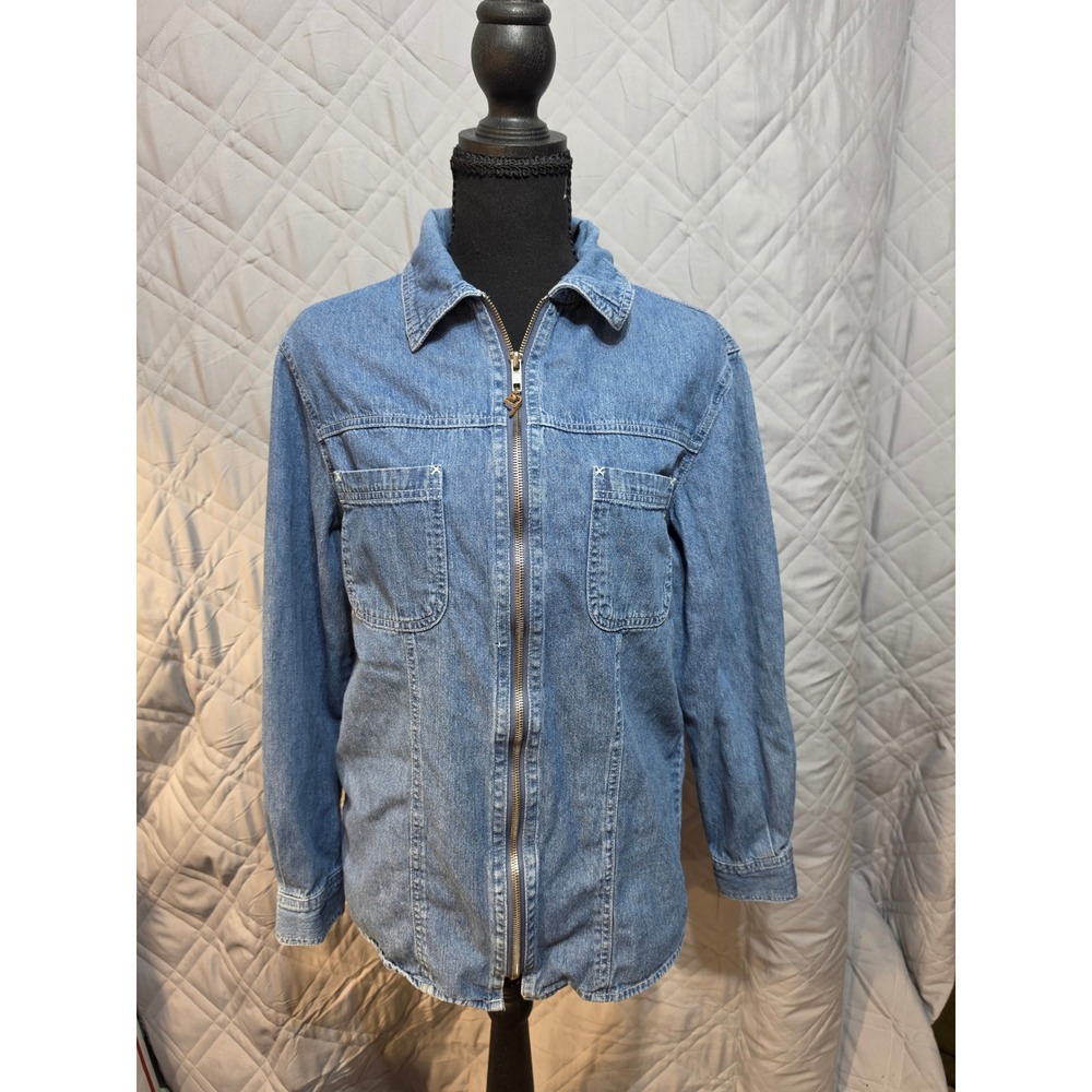 Route 66 Vintage Denim Zip Up Jacket Shirt  Womens Medium Blue Cotton Blouse Top